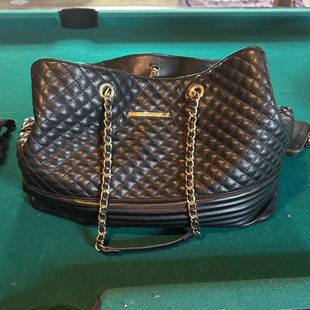 Steve Madden Black Quilted Leather Shoulder Bag with Matching Wallet